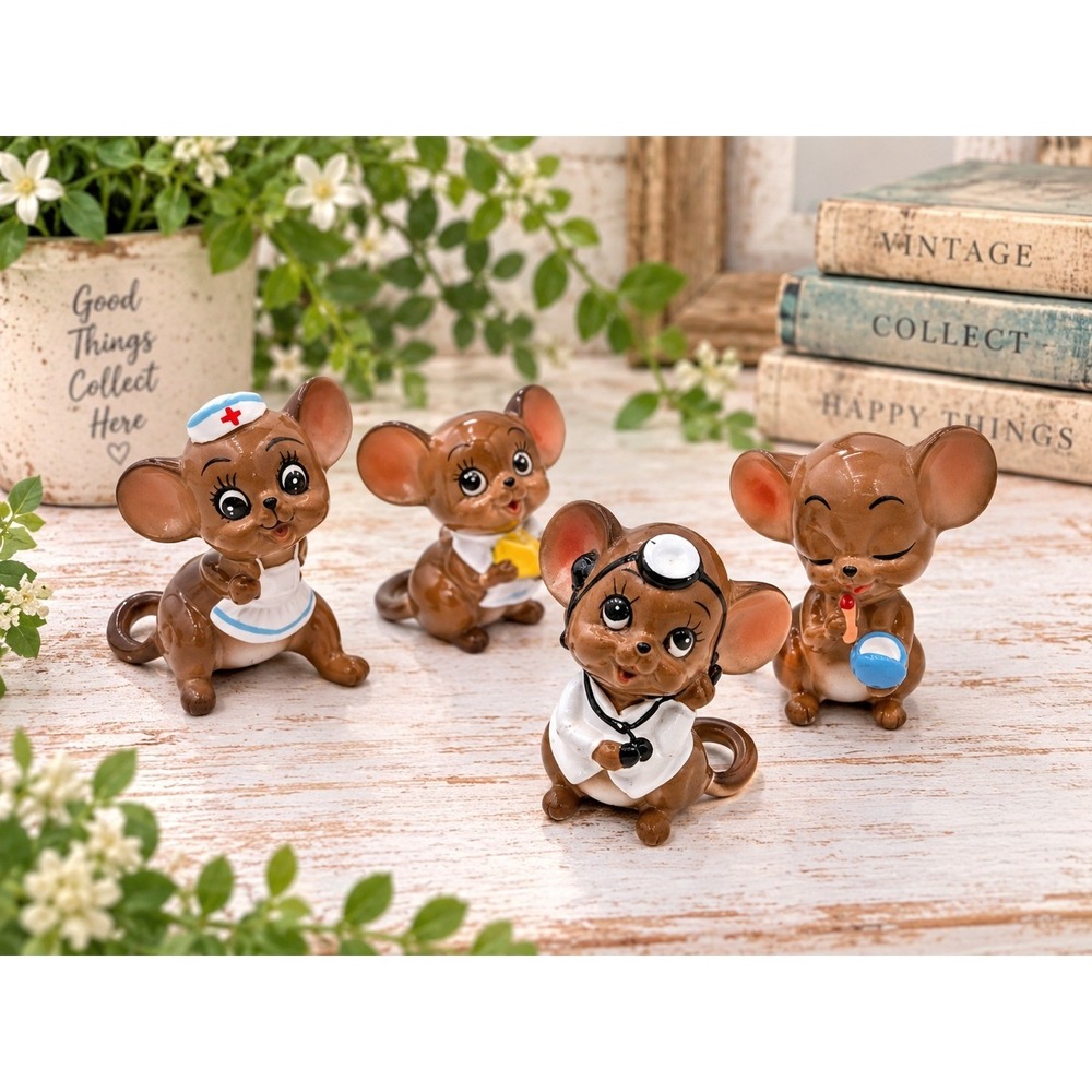 Vintage Josef Originals Ceramic Mouse Figurines 4 Doctor Nurse Mice Farmhouse